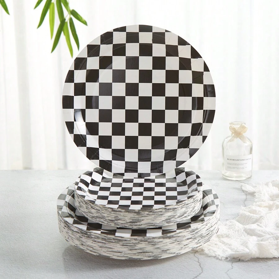 Black & White Checkered Disposable Paper Plates, Checkerboard Party Supplies, Serves 24 Guests, Suitable For Parties, Celebrations, Birthdays, Gifts