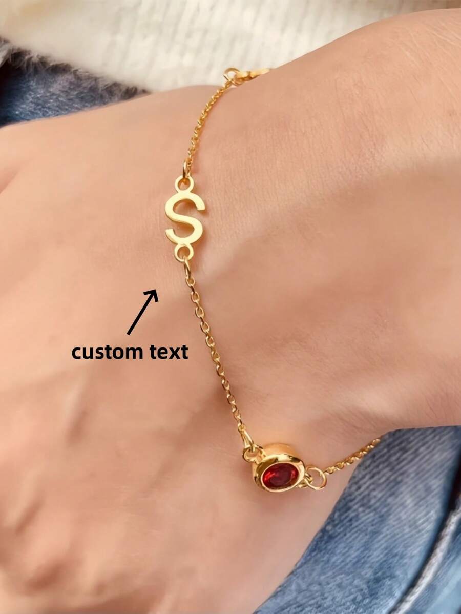 1pc Exquise Naam Armband, Gepersonaliseerde Initialen Armband Met Verjaardags Steen, Aangepaste 18K Gouden Letter Naam Armband, Haar Verjaardagscadeau, Moeder Cadeau Kerstcadeau