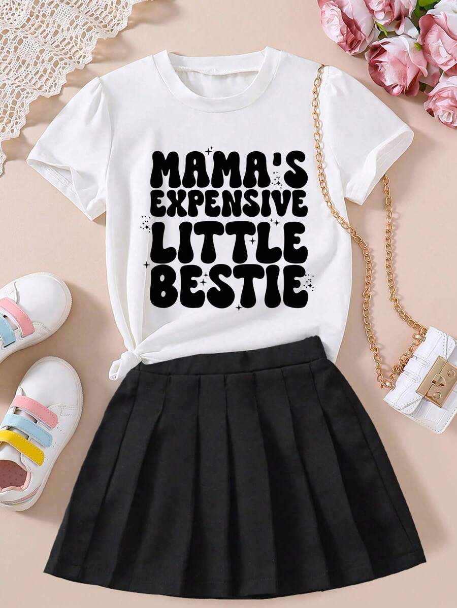 Young Girl Letter Print Short Sleeve T-Shirt And Solid Color Pleated Skirt Set
