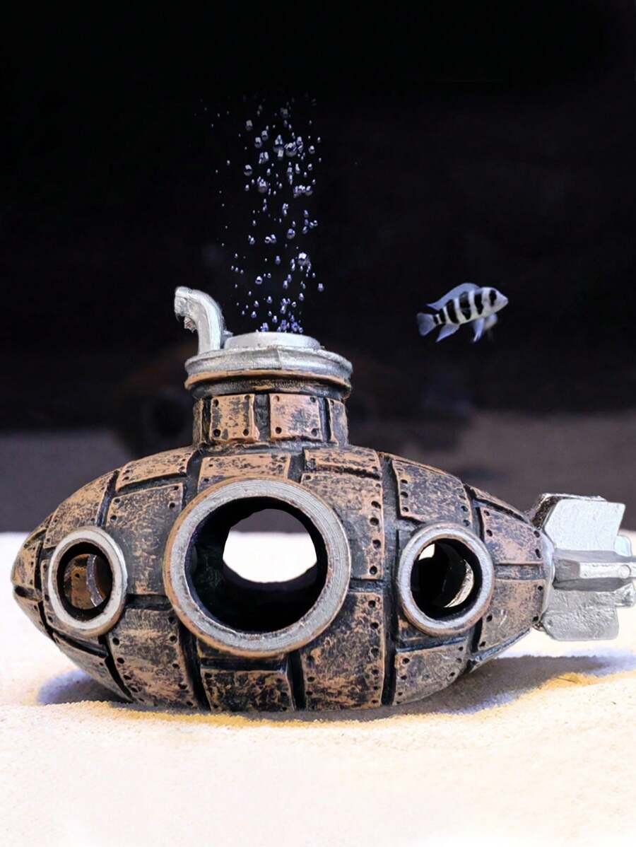 1pc Underwater Submarine Wreckage Hideout Aquarium Decor Ornament Suitable For Fish Tank, All Season