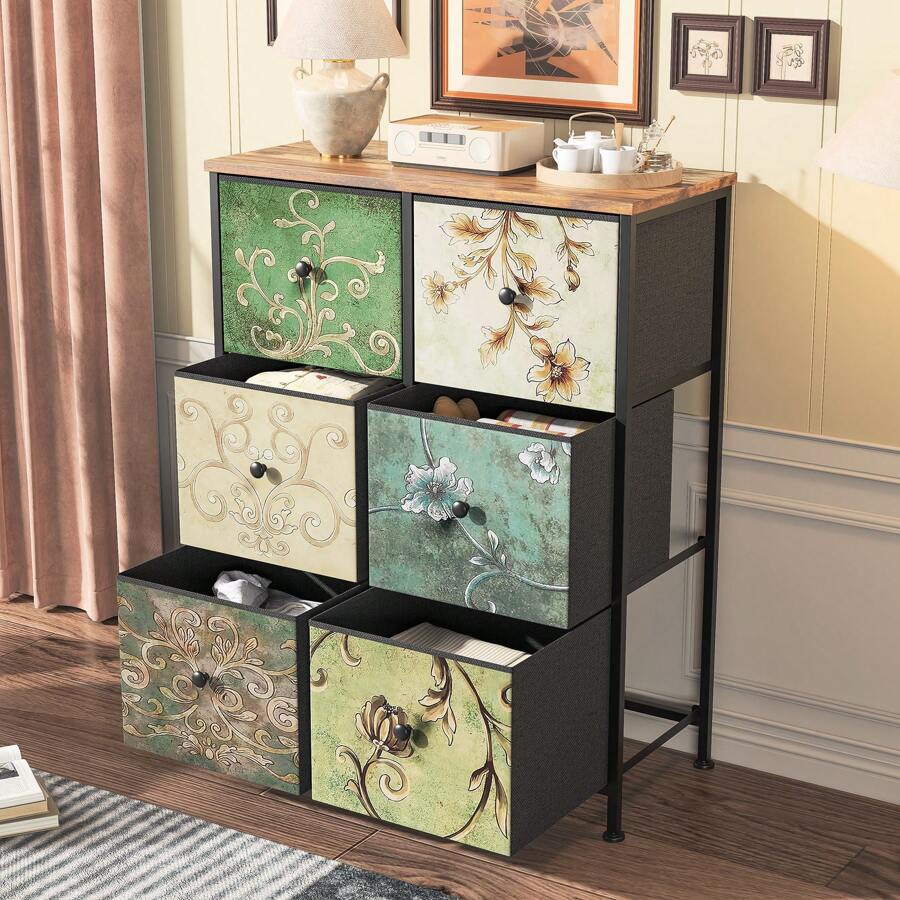 Commode à 6 tiroirs, buffet bohème avec plateau en bois et structure en métal, meuble TV avec tiroirs en tissu, commode pour salon, chambre, couloir
