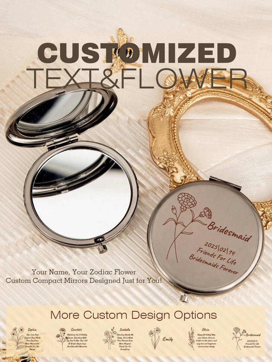 1 PIÈCE Impression personnalisée : Miroir compact personnalisé avec nom - Verre haute définition avec lentille grossissante 2X finition bronze antique. Cadeau idéal pour la mère, la tante, la grand-mère, la fille, la nièce, la sœur, l'amie, la petite amie, l'épouse, la mariée, la demoiselle d'honneur, la marraine, la mère, la belle-mère, la collègue. Parfait pour les fêtes, les anniversaires, les mariages, la fête des mères, la Saint-Valentin, Noël, le Nouvel An, la fête des enseignants, les anniversaires, la remise des diplômes, les baby-showers.