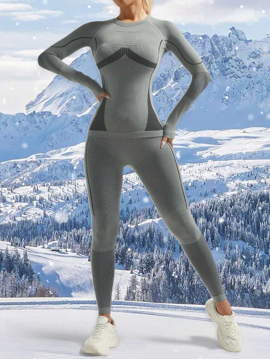 Conjunto de Roupas Esportivas de Manga Longa para Mulheres no Inverno, Ação de Graças, Roupas Quentes e Funcionais, Roupa Térmica Seamless Feminina para Esqui, Conjunto de Agasalho Feminino de Inverno, Conjuntos de Roupa Térmica de Lã Polar para Mulheres, Camadas de Base Top e Calça para Clima Frio