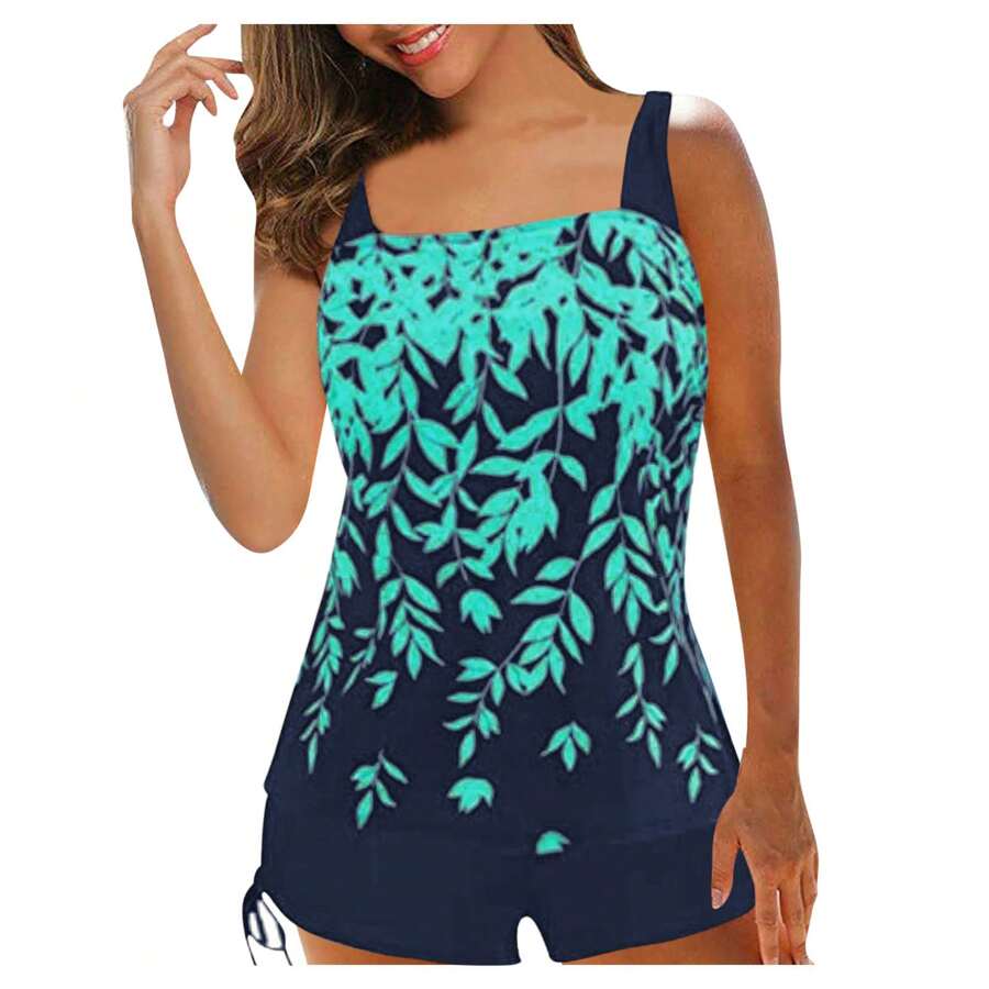 2Pcs Women Summer Swimwear, Leaf Print Padded Tank Tops + Solid Color Drawstring Shorts Swimsuit For Girls, 5 Colors
