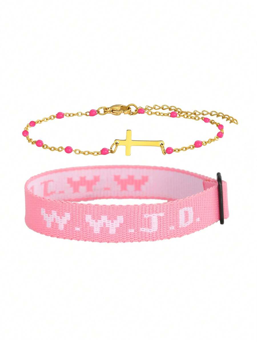 1 Pair WWJD What Will Jesus Do Letter Jacquard Knit Wristband Bracelet & Cross Decor Bohemian Beaded Bracelet Inspirational Christian Jewelry Set For Women Men For Daily Wearing