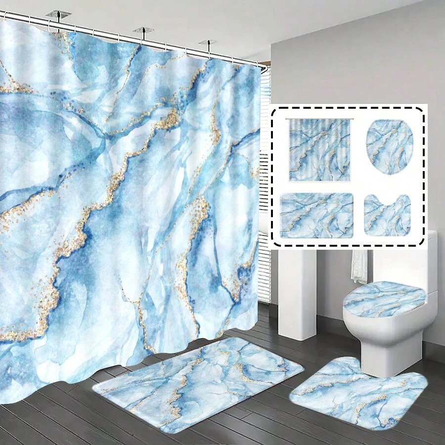 1pc/4pcs Bathroom Curtains Shower Set, Shower Curtain, Bathroom Decor, Bathroom Rug, Bath Mat, Blue Marble Pattern, Modern Minimalist Style, Seasonal Theme Decor, Classic Luxurious Bathroom Set, Includes 12 Hooks Summer Bathroom Accessories Back To School