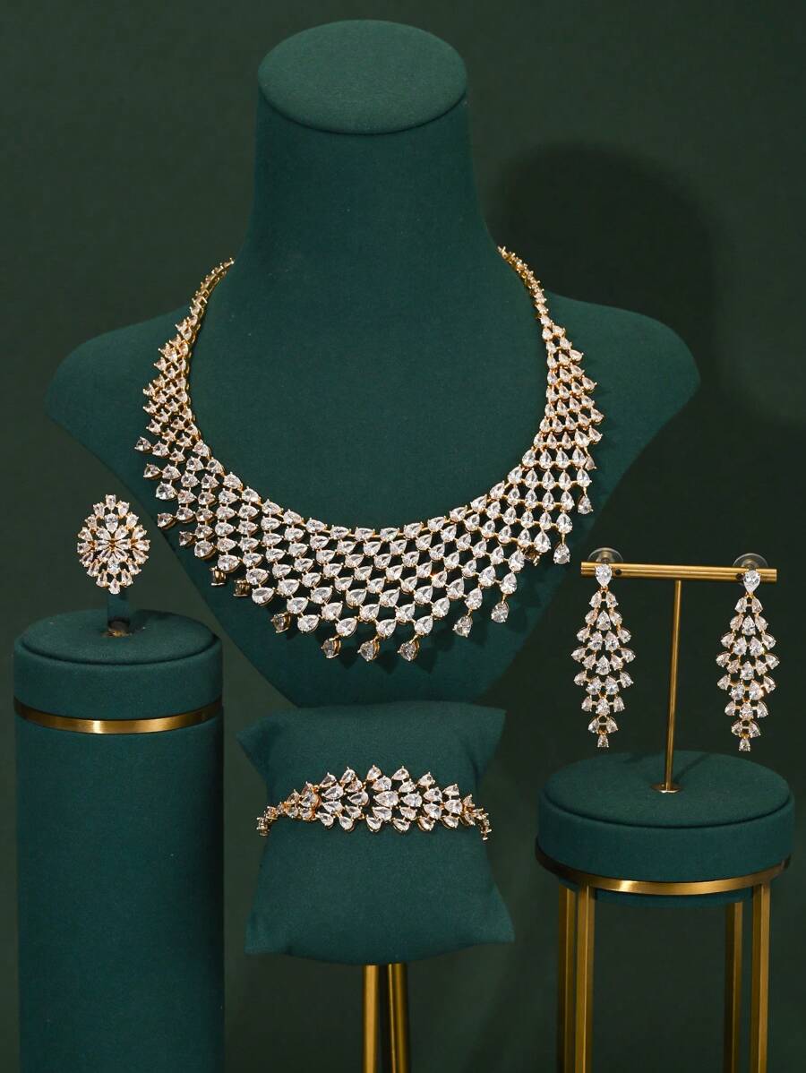 Juego de joyería de 4 piezas con exagerado y espectacular broche de gota de agua con borlas - collar, aretes, anillo, brazalete, chapado en cobre dorado con piedras de circonia, adecuado para bodas de mujeres, eventos formales