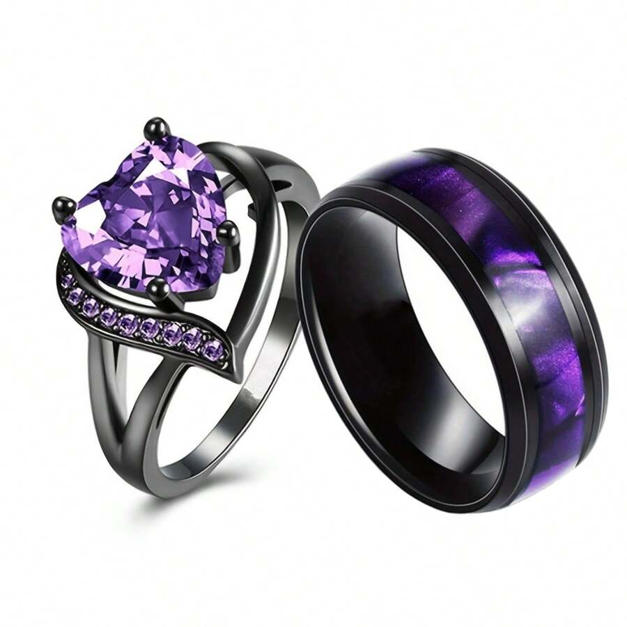 2 pièces Anneaux de couple en forme de cœur à la mode, anneaux à design violet en acier inoxydable, anneaux en forme de cœur romantiques pour cadeau de mariage, fiançailles, Saint-Valentin, mère, Fête des mères
