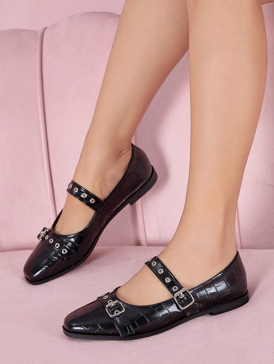 Mary Jane Flats met vierkante neus voor dames, met klinknagels en gesp, lichtgewicht casual leren schoenen voor studenten, seizoen terug naar school