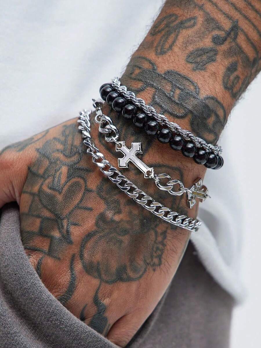 4pcs/Set Punk Cross Beaded Stainless Steel Chain Bracelet Set, Suitable For Men, Versatile For Daily Wear, Party, Birthday, Christmas, Valentine's Day, Thanksgiving, New Year Gift