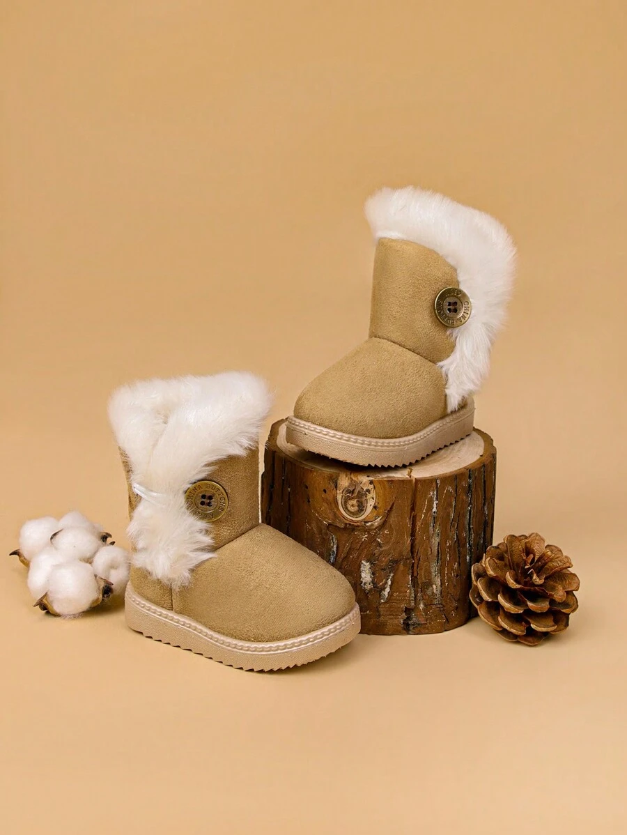 1 Pair Kids Boots With Thermal Lined Thick Soft Bottom Fuzzy Side Button Snow Boots, Anti-Slip Anti-Wind, Suitable For Autumn/Winter Indoor & Outdoor, Parties, Traveling