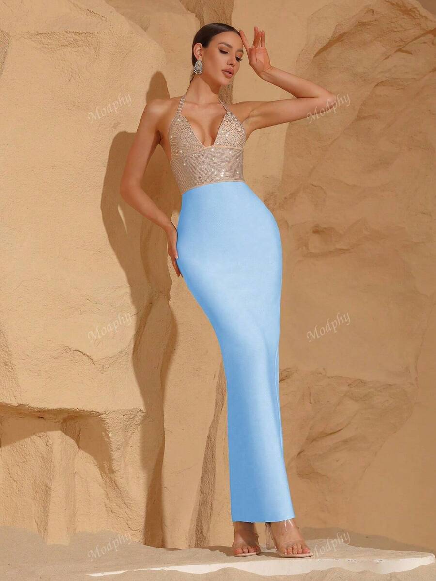 Modphy Colorblock Rhinestone V-Neck Backless Sleeveless Bodycon Maxi Bandage Dress, Sexy Formal Evening Party Gown For Women