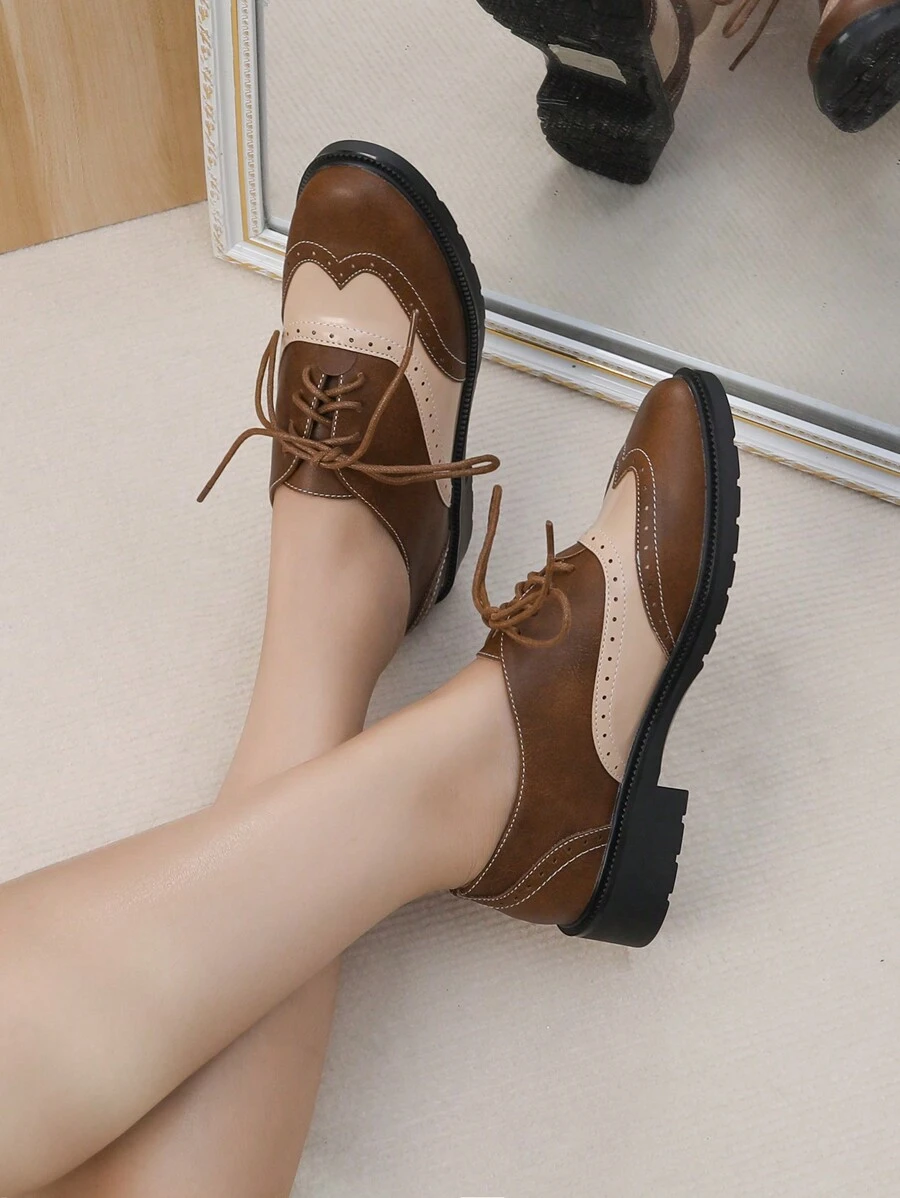 Dames veterschoenen met platte brogues Oxford, vintage kleurblok patchwork loafers, veelzijdige Britse stijl