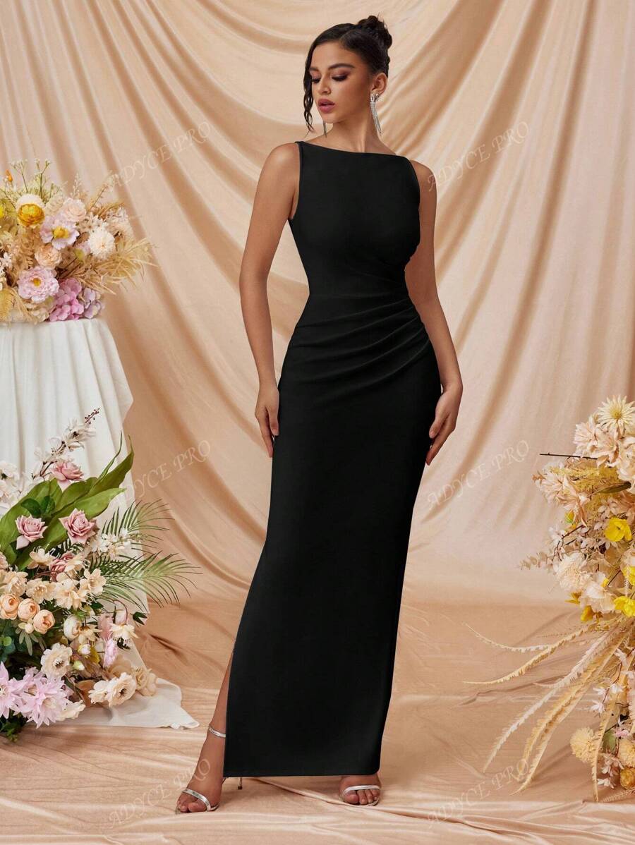 Vestito da donna con spalle scoperte, spacco laterale, aderente, da cocktail, per feste formali serali