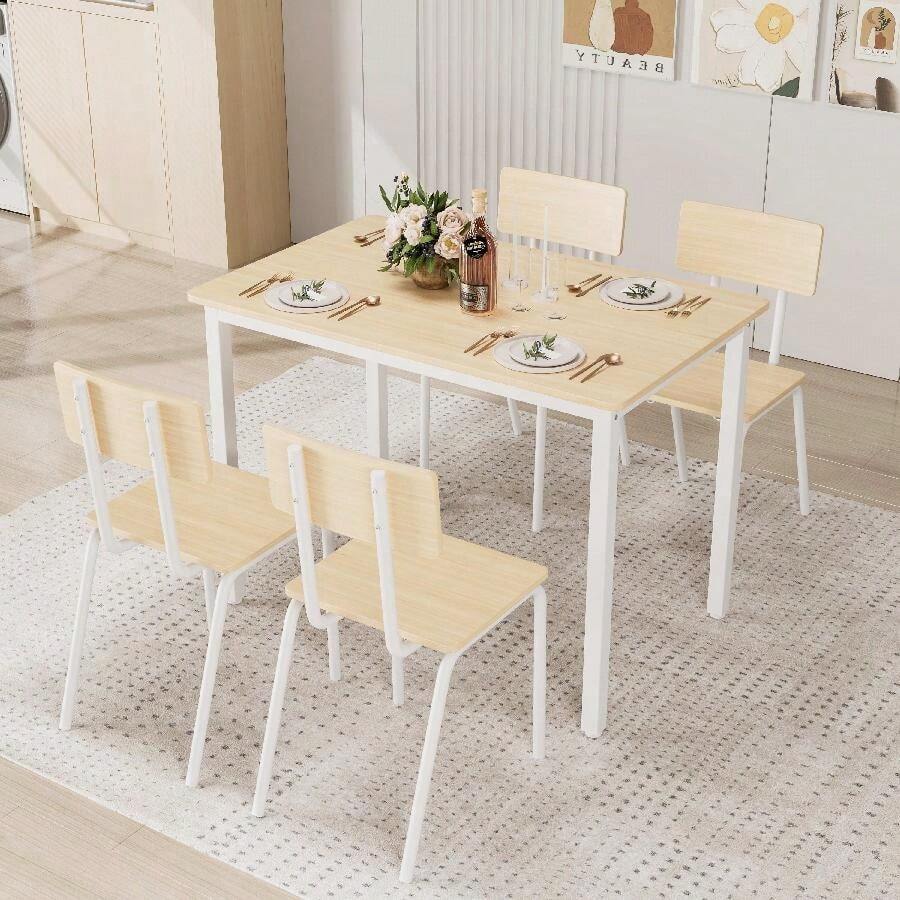 5-Piece Dining Table Set With 4 Chairs, 43" Kitchen Table & Chairs Set For 4, Dining Room Table With Metal Frame & MDF Board, Perfect For Small Space, Easy Clean