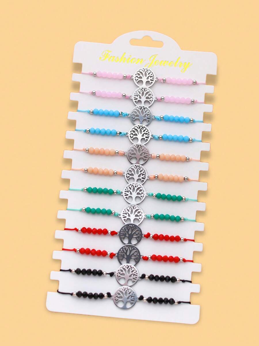 LORRILIA 12 piezas de pulseras brazaletes de pareja con cristales y trenzado con diseño de árbol de la vida de acero inoxidable, accesorio de joyería de regalo con suerte para mujer al por mayor