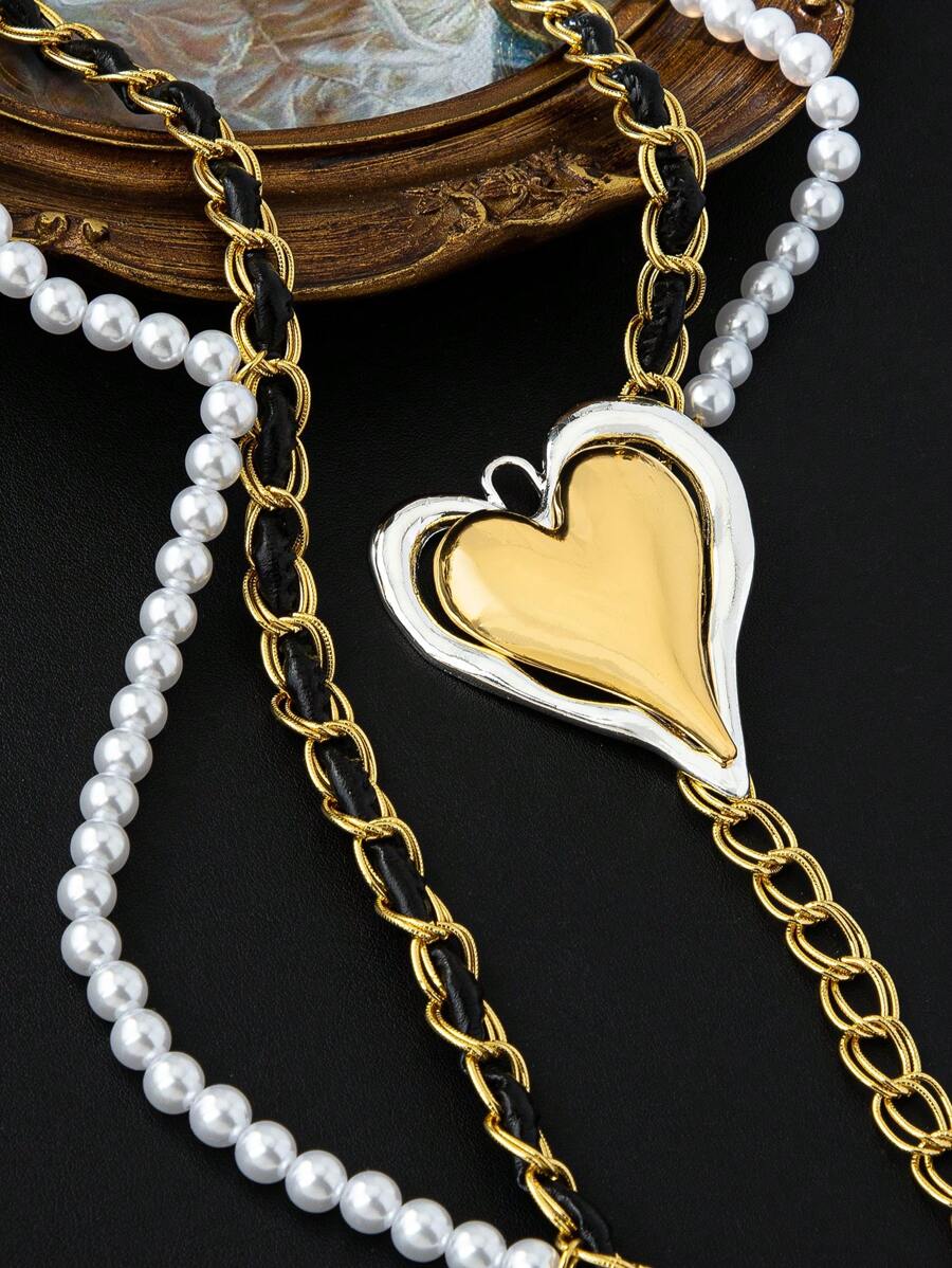 1pc Corrente de cintura da moda feminina, corrente de coração com contas de pérolas falsas, acessórios elegantes para combinar com suéteres e casacos para festa, dia dos namorados de outono/inverno, mãe, mãe, dia das mães, presente