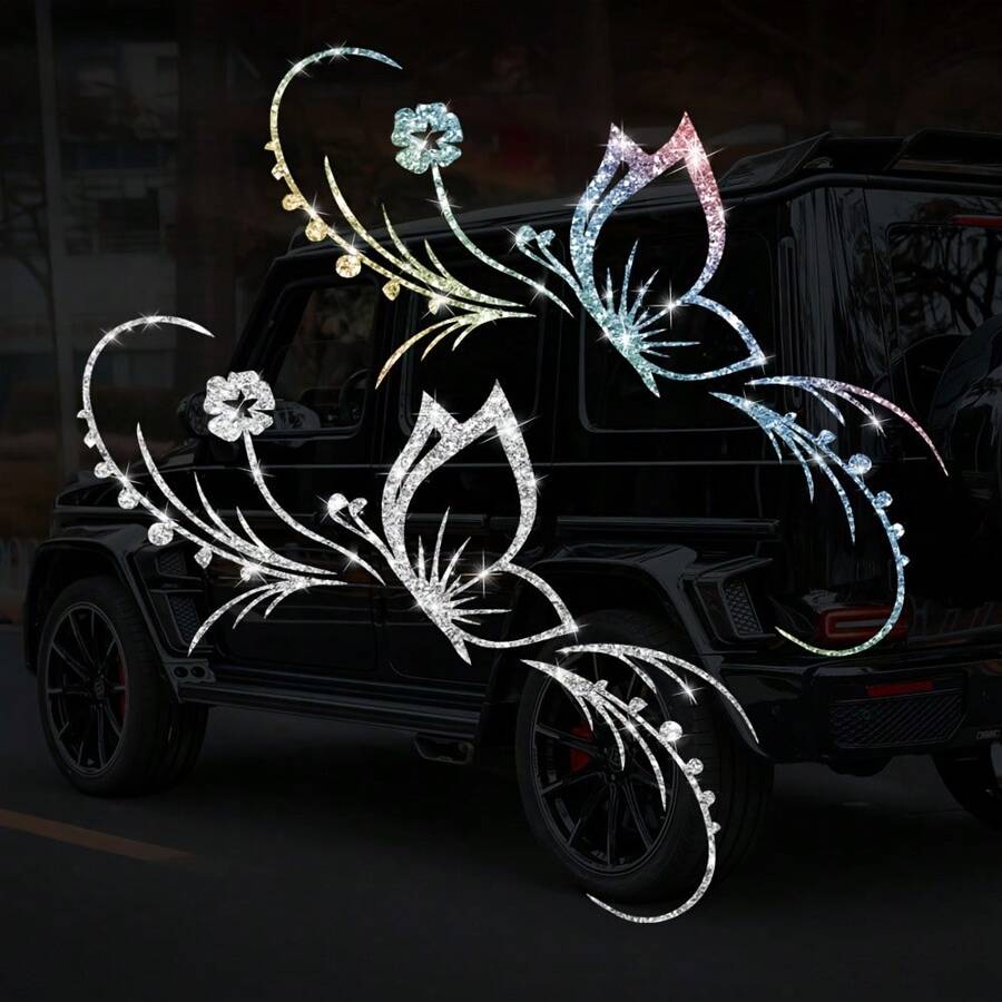 1buc Sparkling Fluture & Floral Decal reflectorizant pentru mașină - Vinil, autoadeziv pentru ferestre, motociclete și laptopuri