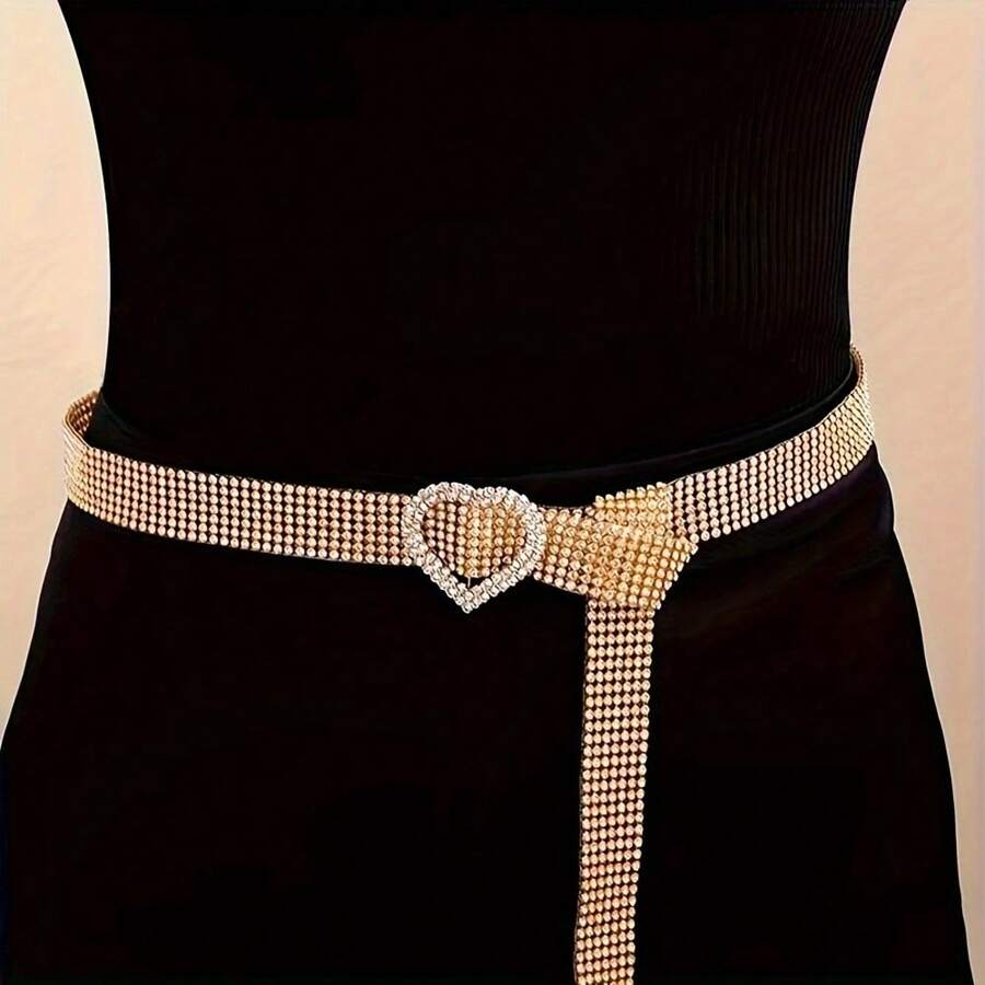 Cintura alla moda con strass a forma di cuore, cintura in metallo dorato e argento di lusso, regolabile, adatta per l'uso quotidiano delle donne, cintura con strass in plastica, catena per vita, adatta per matrimonio, primavera/estate/autunno/inverno e San Valentino