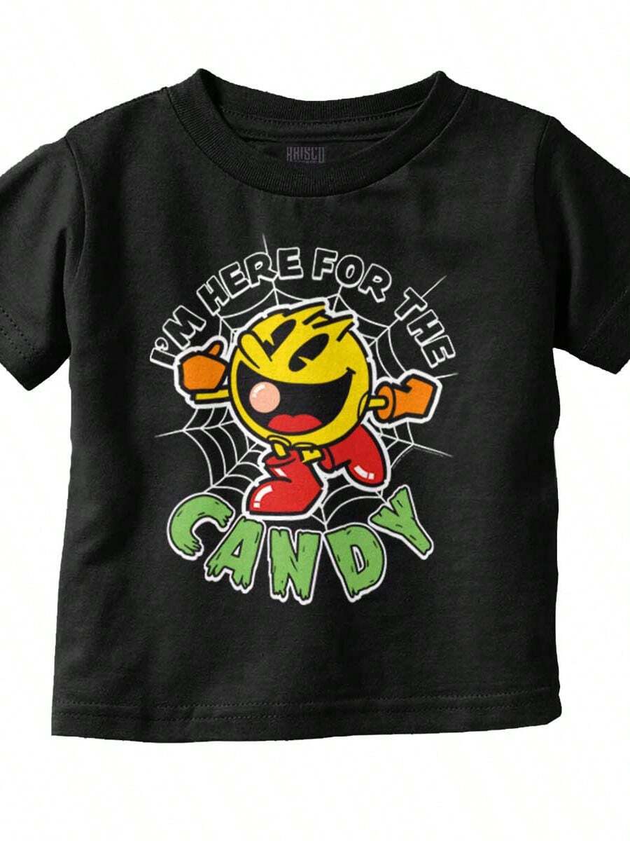 PACMAN Baby Toddler Graphic Tee Shirt Classic Vintage Retro Video Arcade Game Cartoon Halloween Spooky Season I'm Here For The Candy Trick Or Treat Casual Everyday Soft Cotton Printed Short Sleeve Crewneck Tshirt Baby Clothes Brisco Brands