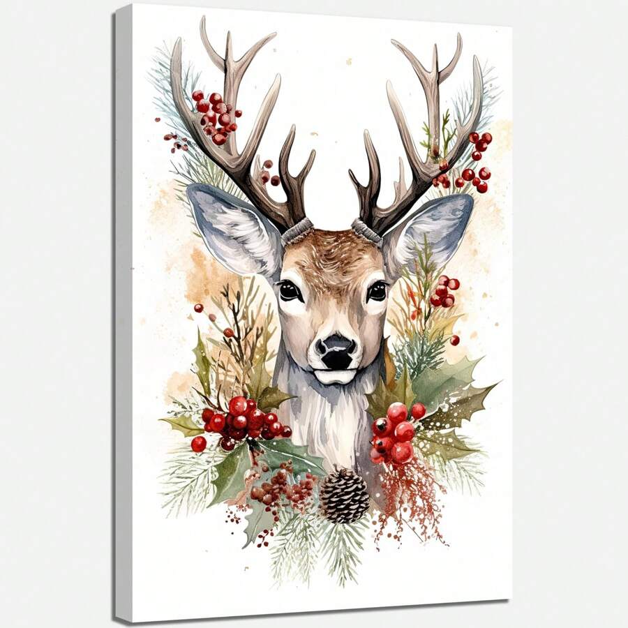1pc Deer Canvas Prints Wall Art For Reindeer Pictures Funny Animal Paintings Winter Painting ,Canvas Print Painting Gift For Bedroom, Dining Room, Living Room, Office, Bathroom Kitchen, Home Decor, Framed, Ready To Hang