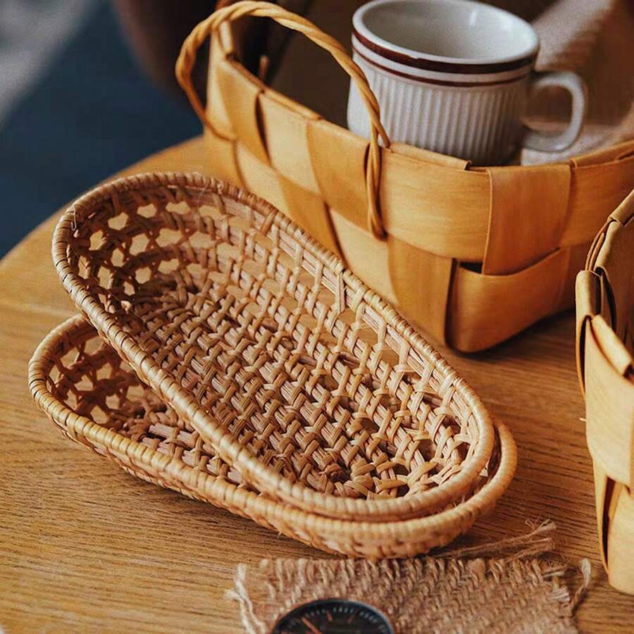1pc Woven Rattan Mini Tray, Snack Plate, Fruit Basket, Bread Basket, Bowl For Home Decor, Kitchen, Christmas