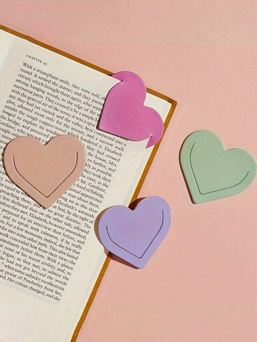 5pcs Creative And Heart-Shaped Faux Leather Bookmarks, Various Colors Student Artistic Style Faux Leather Love Bookmarks, Reading Literature Hobbyist Gift Page Separators, Double-Sided Clips For Diaries And Books
