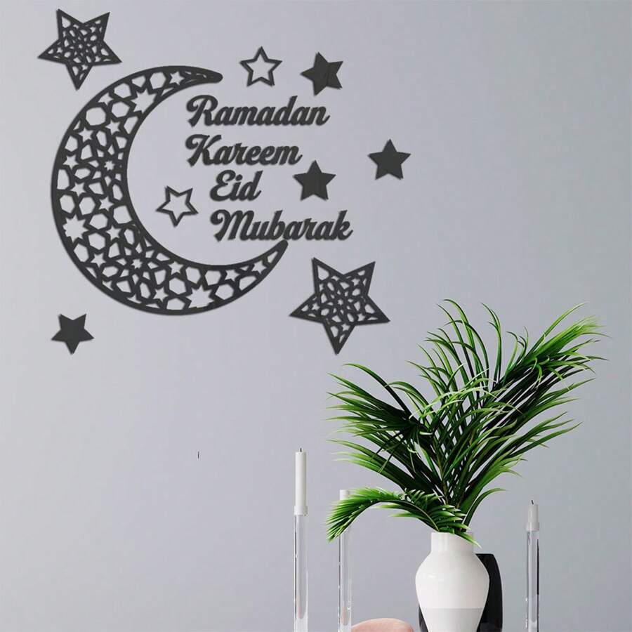 1pc Ramadan, New Year, Valentine's Day Crescent Moon, Star, Letter Acrylic Mirror Wall Sticker, Holiday Home Decor Self-Adhesive