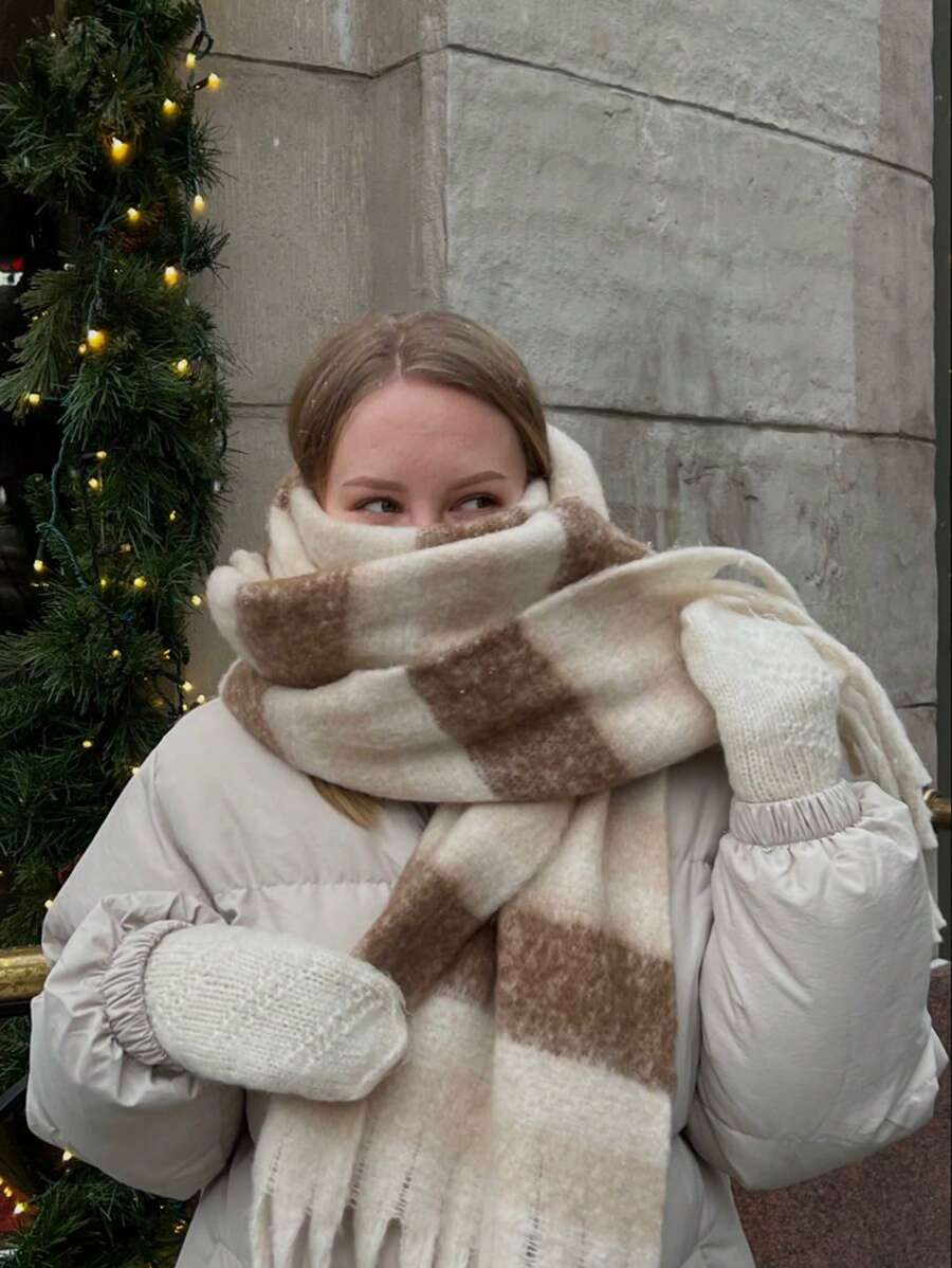 1pc Thick Macaron Striped Plush Tassel Scarf For Women, Warm Couple Shawl Blanket Scarf, Soft Cozy Scarf For Autumn/Winter Daily Wear