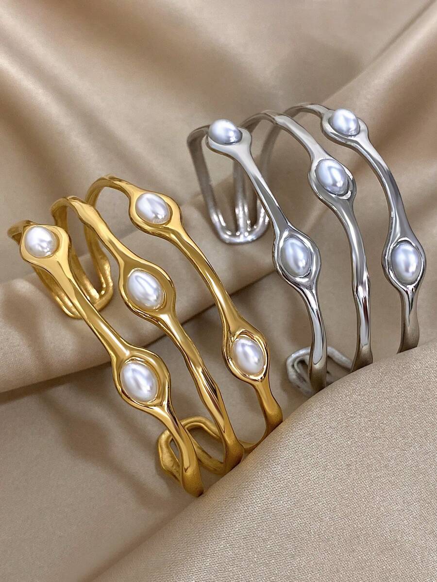 1 Pc Elegant Stackable Bangle Bracelets For Women Teen Girls Faux Pearl Bracelets Stainless Steel Daily Party Jewelry Christmas Gifts