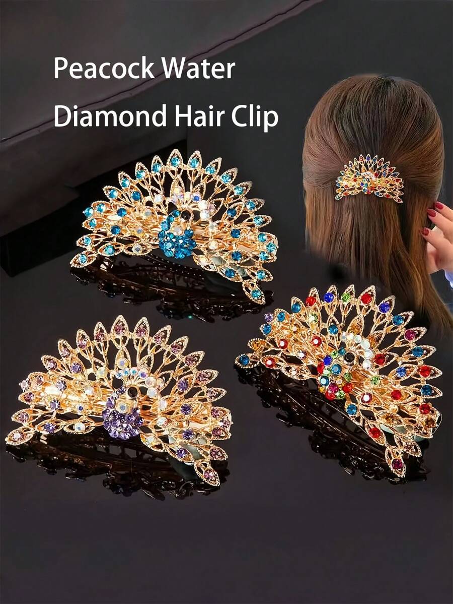 1pc Hair Clip For Women, Peacock Rhinestone Spring Clip For The Back Of The Head, Horizontal Clip For Hair Clip, High-End Hair Accessory, Ponytail Clip, Versatile Hair Clip, Hair Accessories, Edge Clip, Hair Accessory, Headband, Rhinestone Hair Clip,The Position Of The Colored Diamond Is Random And Not Fixed