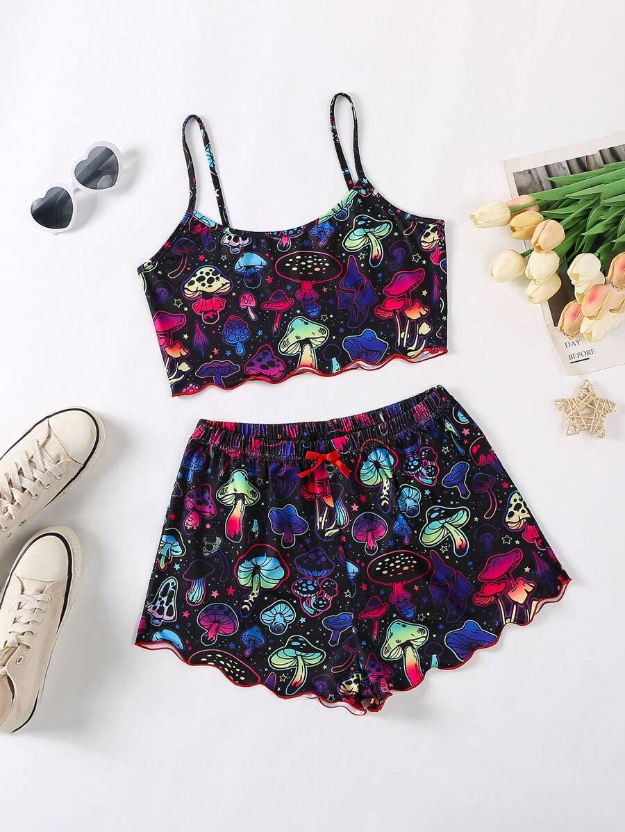 Colorful Mushroom Print Pajama Set With Cami Top And Shorts, Sleepwear Loungewear