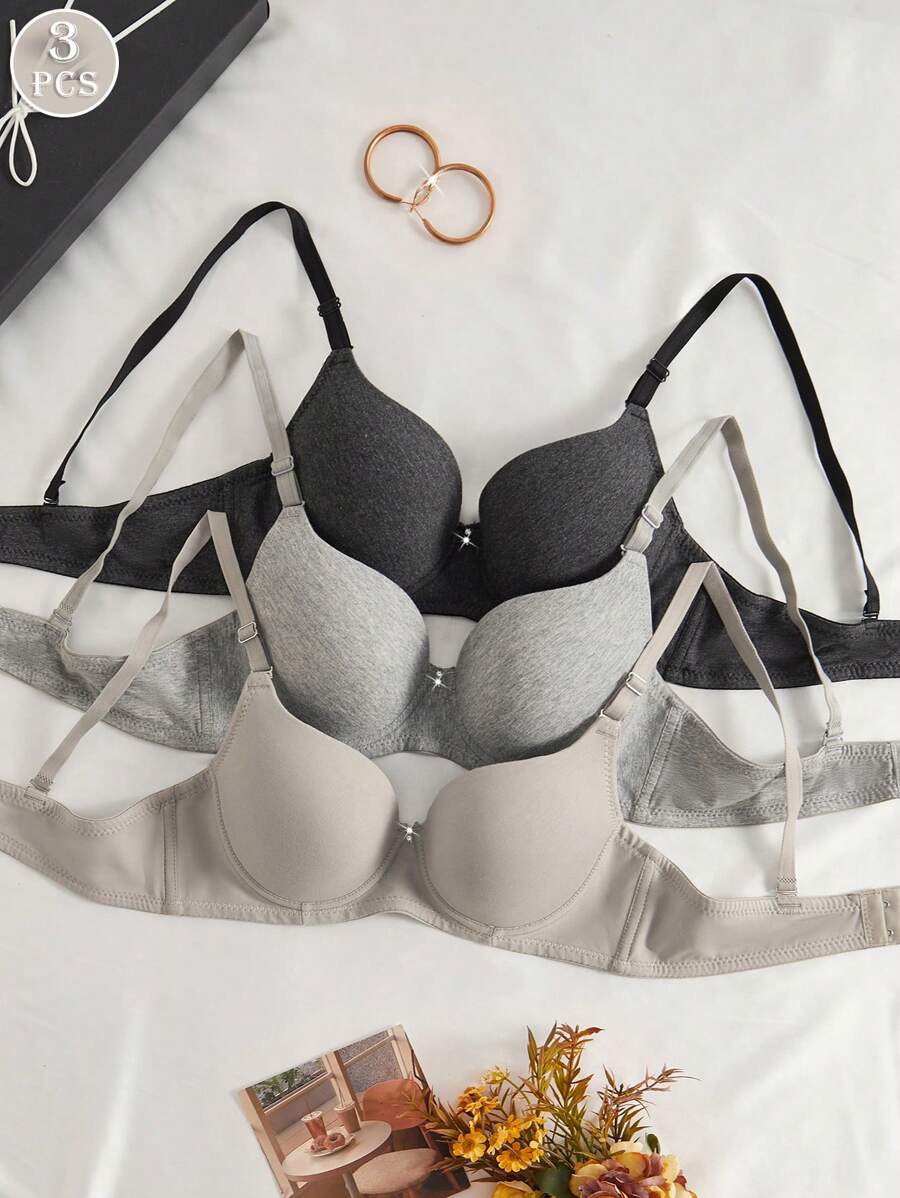 3 piezas Sujetador cómodo de algodón sólido con aros blandos y multicolor para dormir, ropa interior de lencería para mujer