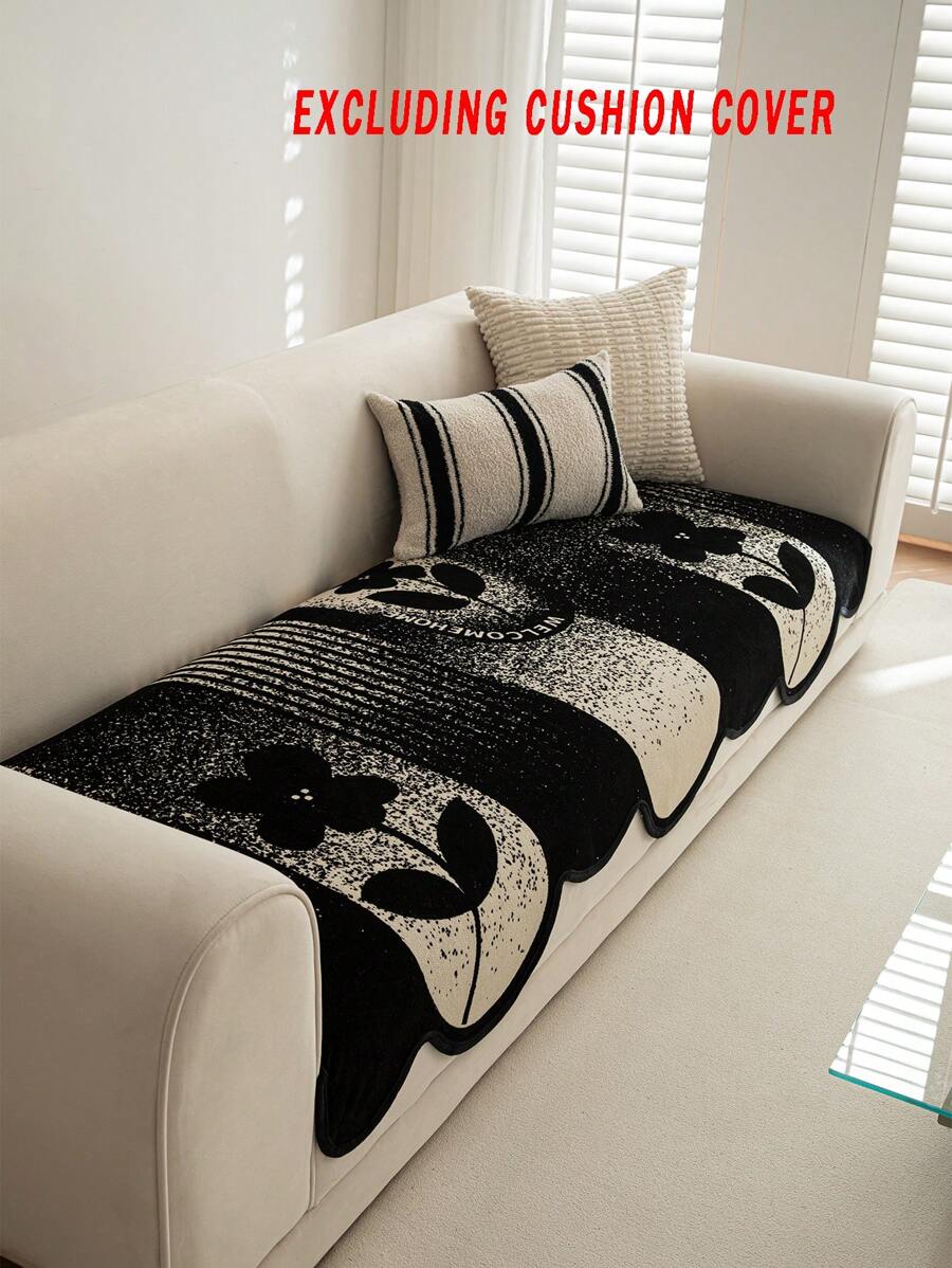 1pc Flower Pattern Black Sofa Cushion Cover, Modern Chenille Anti-Slip Anti-Cat Scratch Sofa Seat Pad For Living Room Daily Use