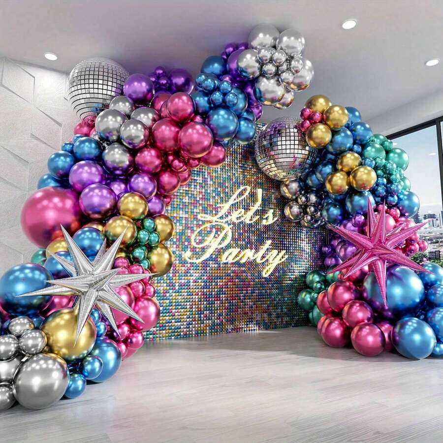 Set de 135 piezas de decoración de arco de bola de discoteca, que incluye globos de bola de discoteca en plata, azul, verde, morado, rosa y dorado, globos de foil de estallido de estrella, adecuado para decoración de fiesta de cumpleaños, década de los 70, 80 y 90, fiesta de disco, regreso a la escuela, Día de San Valentín
