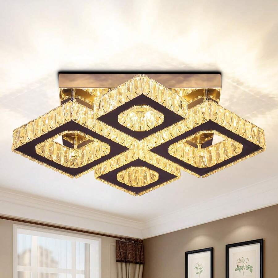 22" Crystal Chandelier Square Crystal Ceiling Light Led Flush Mount Ceiling Lighting Modern Crystal 4 Lights Chandeliers For Living Room Bedroom Kitchen (Coo White/Warm White/Dimmable)