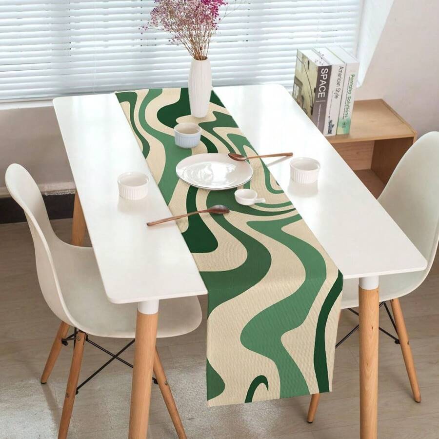 Vintage Minimalist Abstract Wave Swirl Table Cloth, Green & Beige, Suitable For Dining Table, Vanity Table, Runner, Farmhouse Style For Dinner Party, Holiday Home Decor