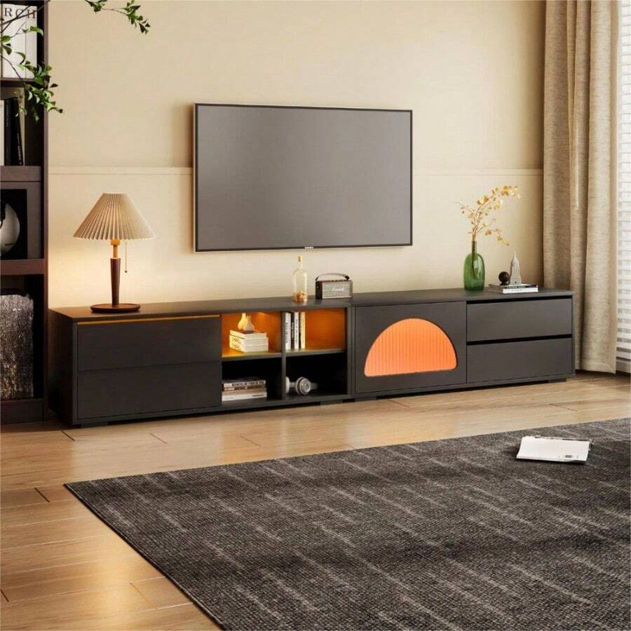 ON-TREND Modern TV Stand With Fluted Glass Door For TVs Up To 100", Media Console With Sliding Door & 2 Drawers, Free-Combination Entertainment Center With LED Light For Living Room, Bedroom, White