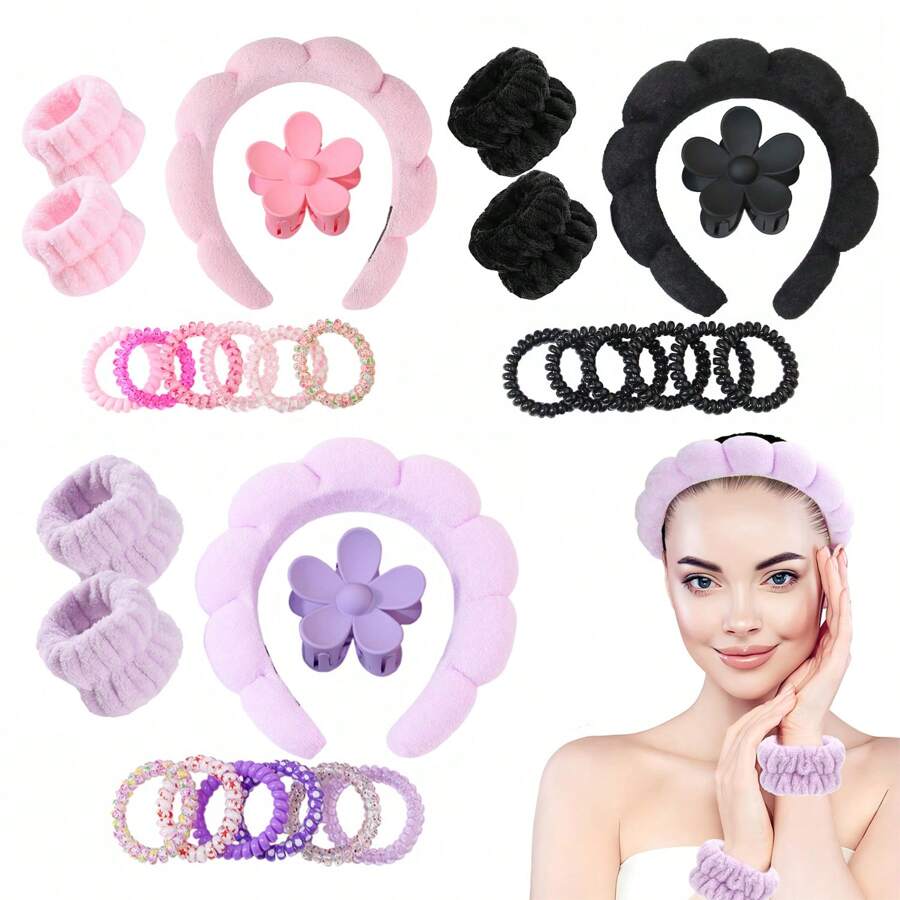 10 pièces/set Kit spa facial comprenant 1 pièce bandeau nuage + 2 bracelets + 1 pièce pince à cheveux florale + 6 chouchous simples assortis