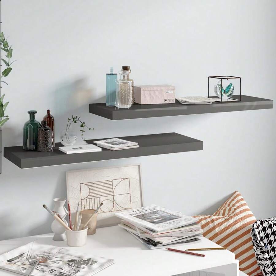Ensemble de deux étagères murales flottantes grises élégantes de 80 x 23,5 x 3,8 cm, solution de rangement moderne pour la maison