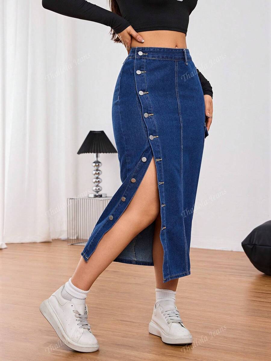 Women's Denim Skirt With Button Pockets And Casual Design