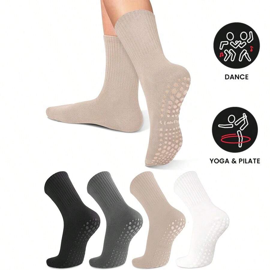 1 Paire de chaussettes de yoga pour femmes, couleur unie, antidérapante au niveau de la semelle médiane, chaussettes de yoga, pilates, ballet