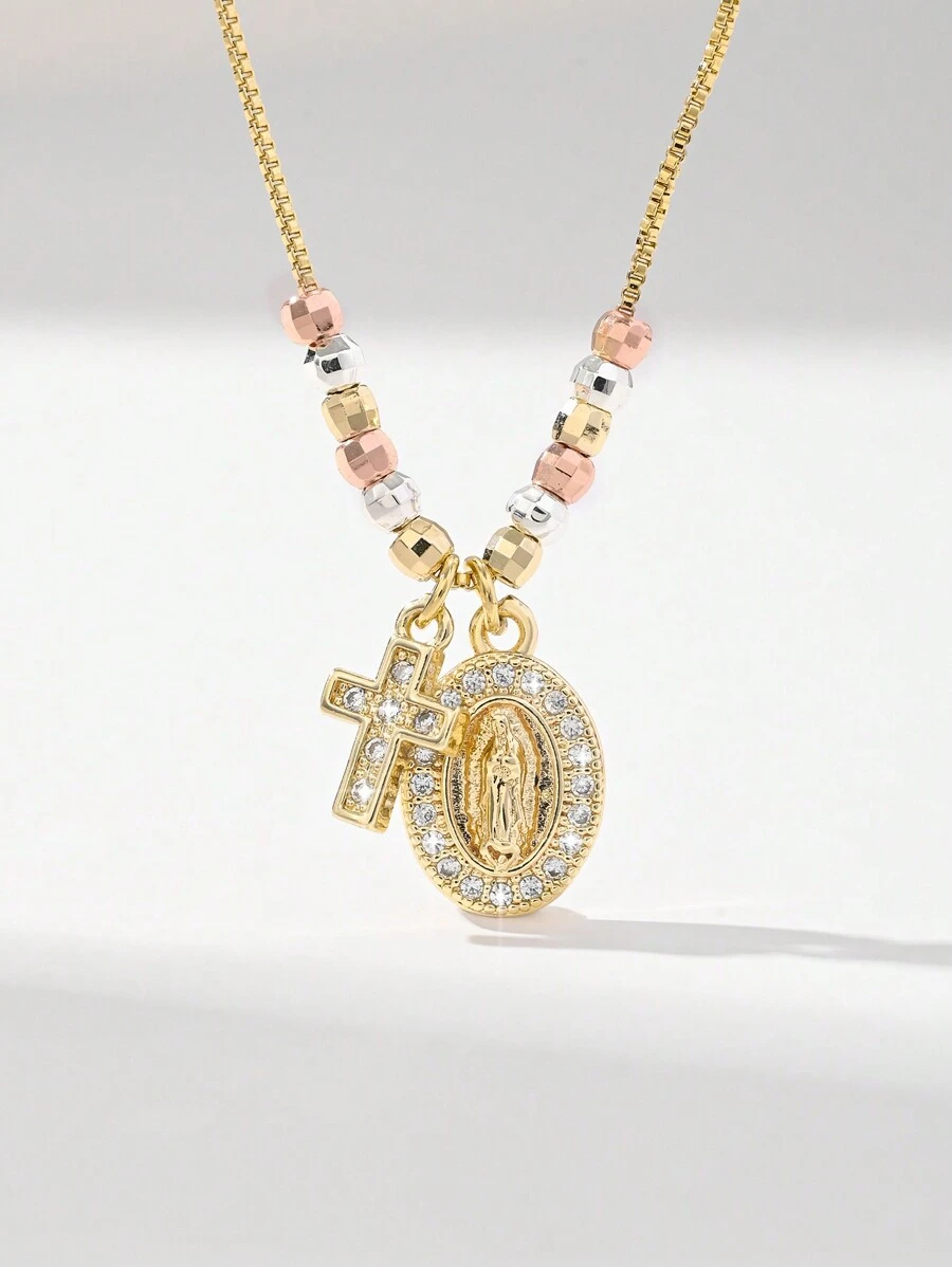 1 pièce Collier pendentif croix de prêtre avec perles en cuivre de style européen et américain, hypoallergénique, fait main, à 3 couleurs, pour le 25e anniversaire. Convient pour les cadeaux, les couples, les amis, l'usage quotidien, les fêtes, les prières