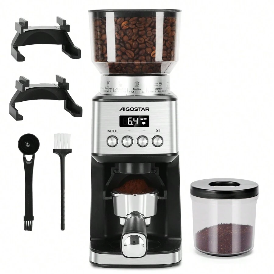 1 professionele elektrische koffiemolen, 180 W, 52 maalstanden, 2 standen, antistatische functie, digitaal lcd-scherm, espresso-portafilterhouder, grote capaciteit, roestvrij staal, zilver - ideaal voor dagelijks gebruik in koffiehuizen of thuis
