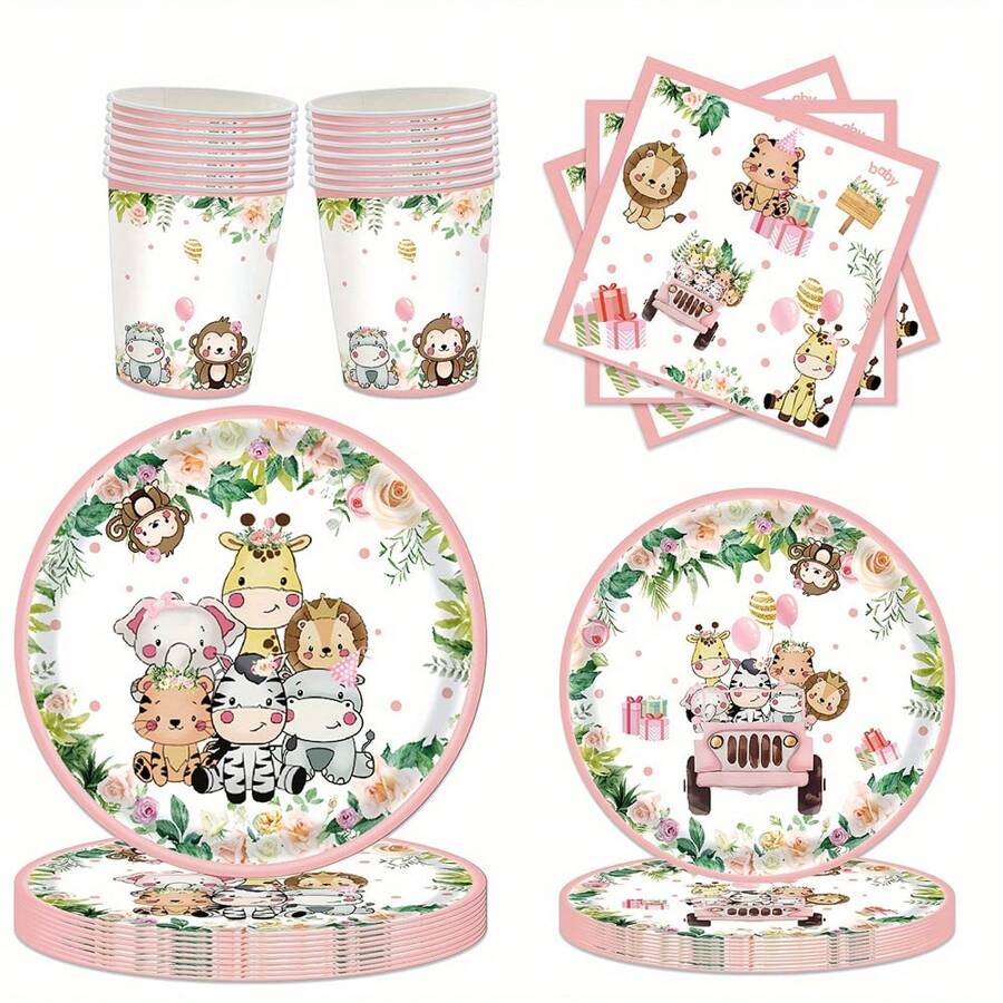 10pcs/20pcs Pink Safari Jungle Theme Party Supplies Forest Animal Safari Birthday Paper Plates Napkins Tableware Set Decorations Wild One Birthday Party Favors For 1st Birthday Table Decorations