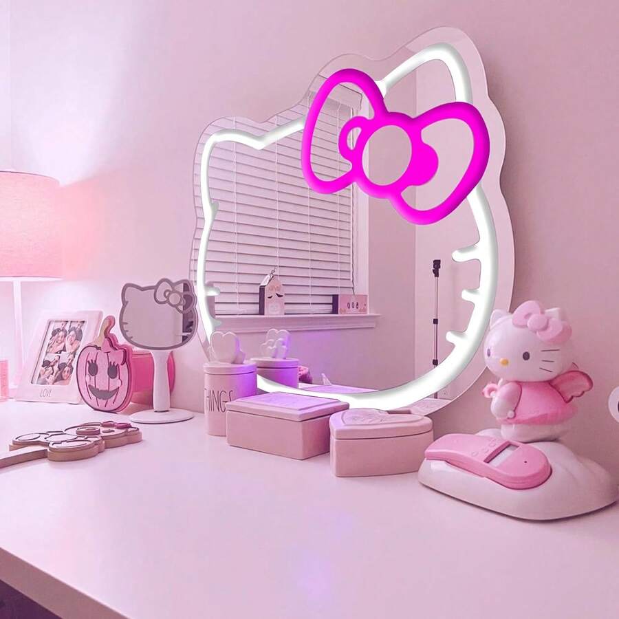 Sanrio Enseigne lumineuse au néon Sanrio Hello Kitty chat avec miroir mural et bande LED réglable - En plastique, à fixer au mur, avec interrupteur, polyvalent, alimenté par USB, sans fil, sans batterie, éclairage blanc - Pour chambre, coiffeuse, salle de séjour, chambre d'enfant, cadeau pour toute la journée