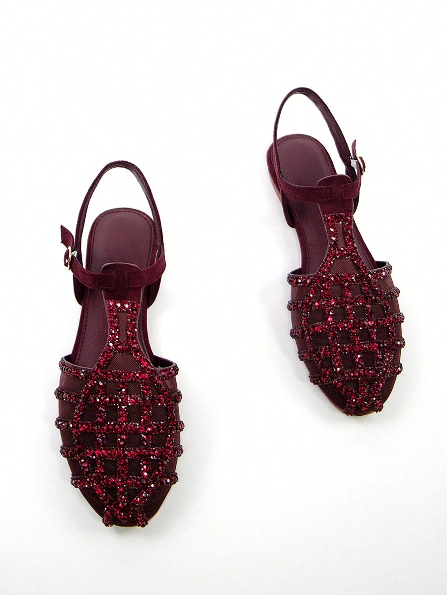 Women's Rhinestone Decor Hollow Design Burgundy Faux Suede Flats With Ankle Strap, Round Toe, Stylish For Daily Wear And Party