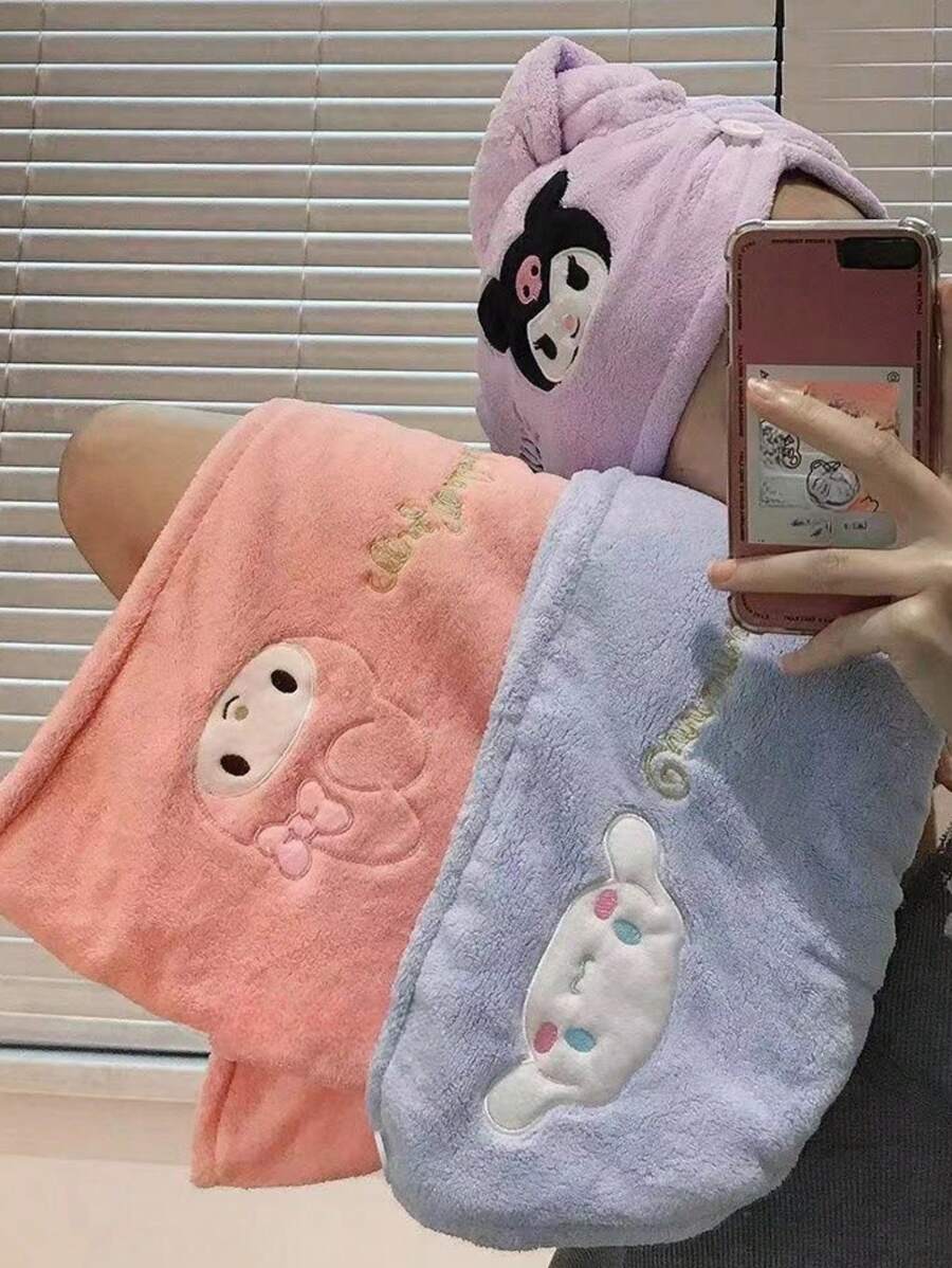 Sanrio 1pc/4pcs Four Color Cute Kuromi Dry Hair Cap, Anime KT Cat Coral Velvet Water Absorbing Headscarf, Home Cartoon Melody Quick Drying Bath Cap Home Bathroom Decor Summer Back To School Hair Bonnet