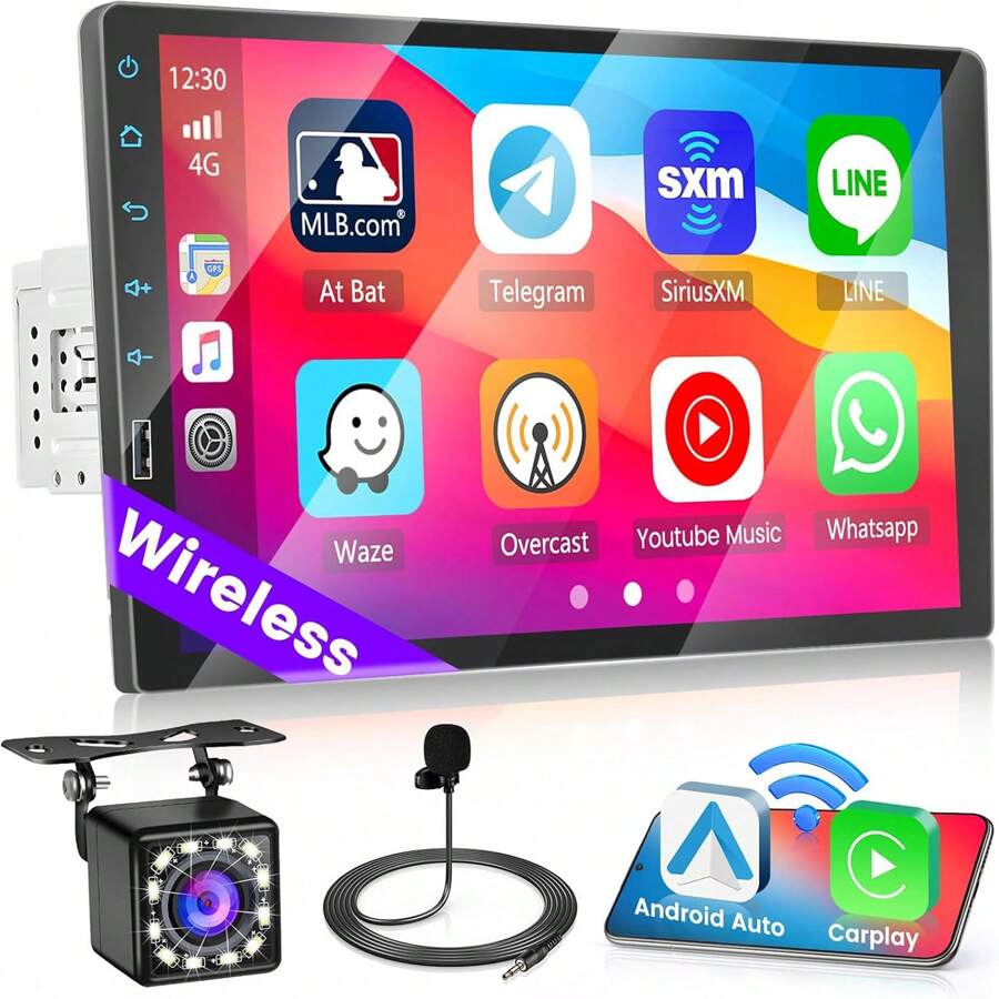 9 Inch Single Din Wireless Apple Carplay Radio With Bluetooth, Touchscreen Wireless Android Auto Car Stereo With Mirror Link AM/FM Radio 7 Color Button Lights Microphone + Backup Camera