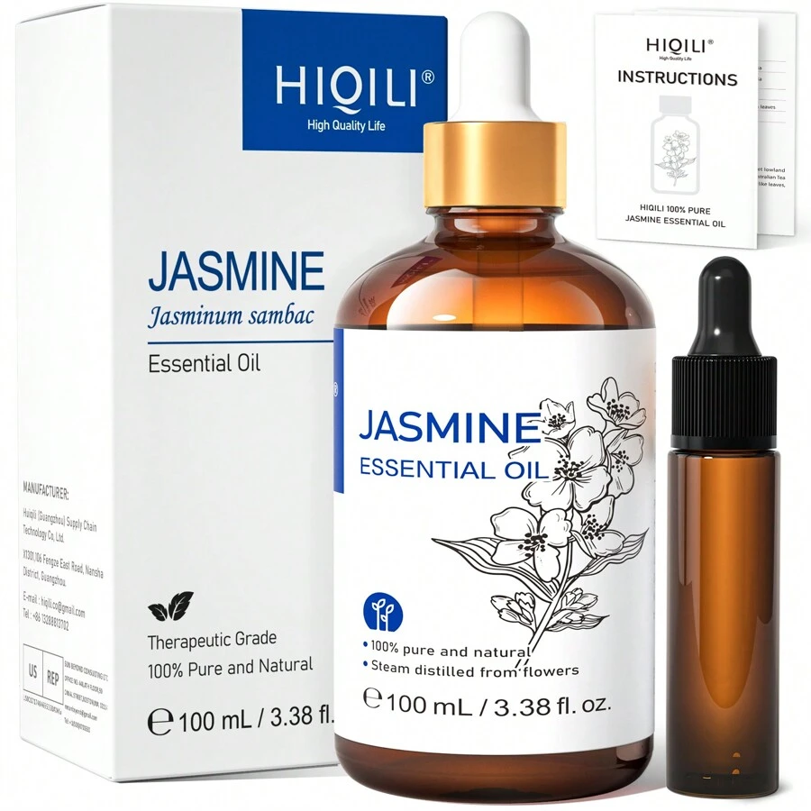 HIQILI HIQILI Olejek eteryczny z jaśminu, 100 ml/3,38 fl.oz. Naturalny olejek do nawilżacza i dyfuzora do aromaterapii do pielęgnacji skóry i włosów, Body SPA, bogaty kwiatowy zapach do aromaterapii, wyrobu mydła i świec